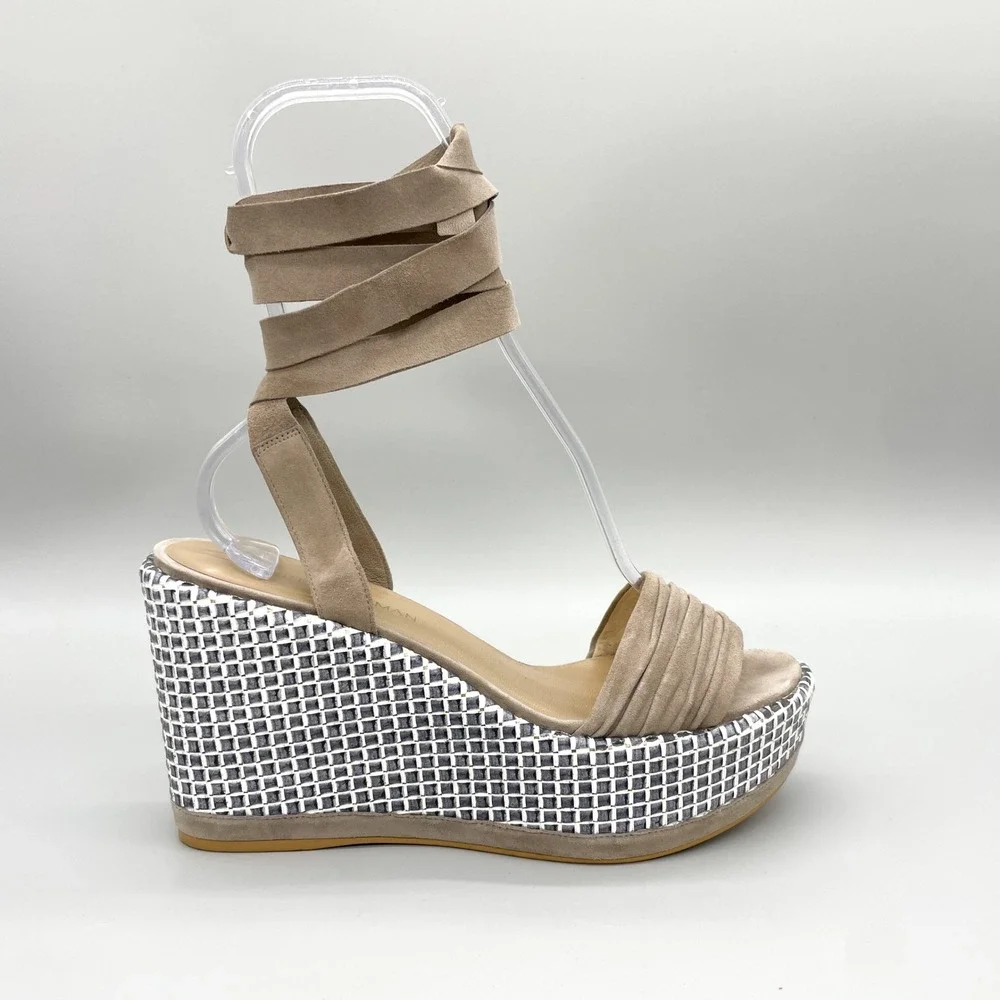 Stuart Weitzman Womens 10 M Taupe Suede Woven Wedge Wrap Sandals Boho Platform